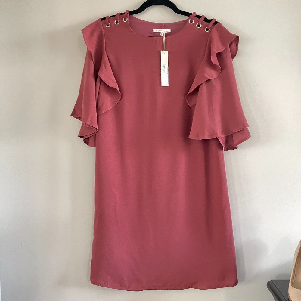 SYMPHONY Ruffle Sleeve Lace Up Shoulder Shift Dress NWT Medium Dusty Rose